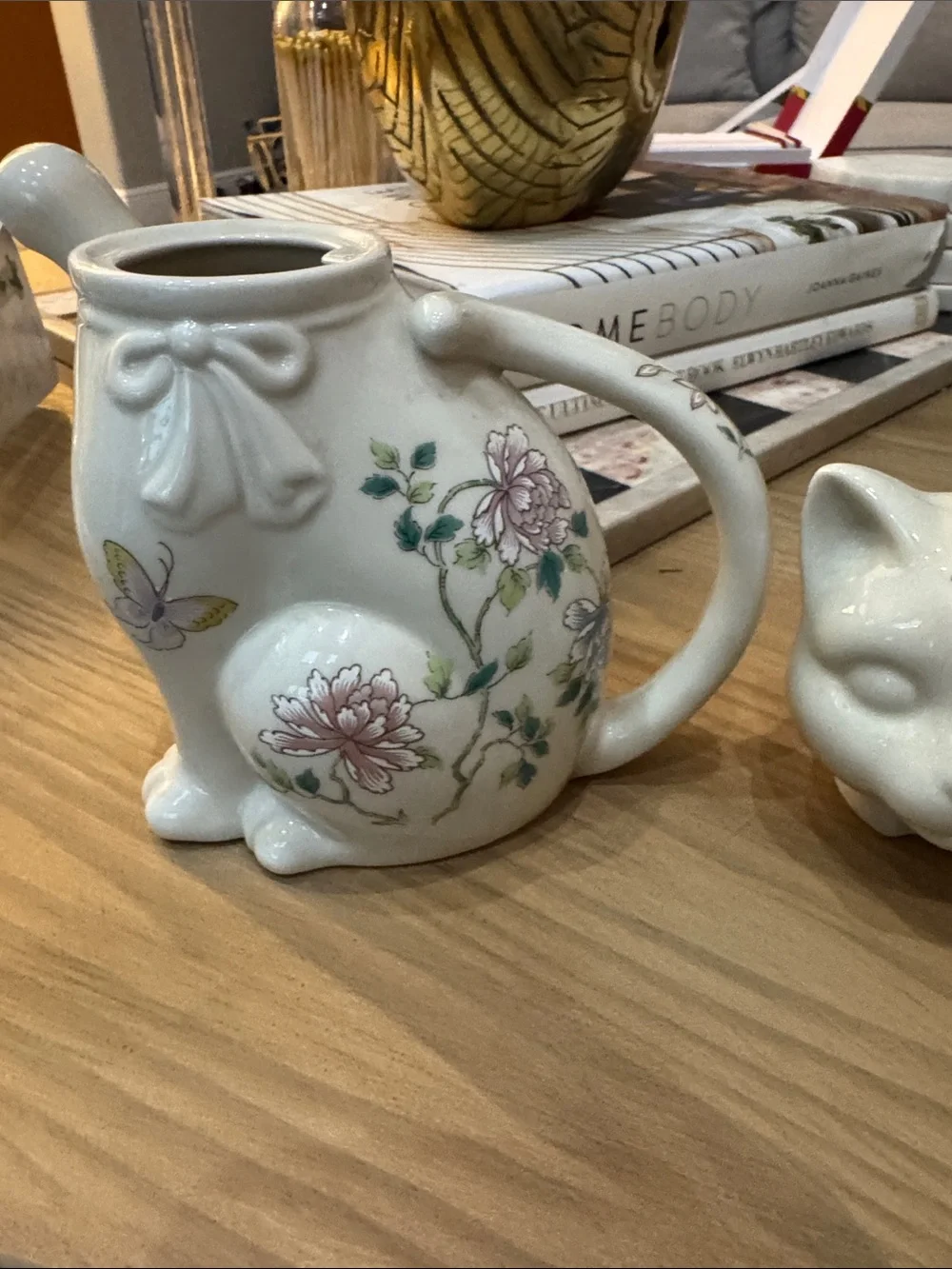 White Floral Cat Ceramic Teapot with Butterfly Accent